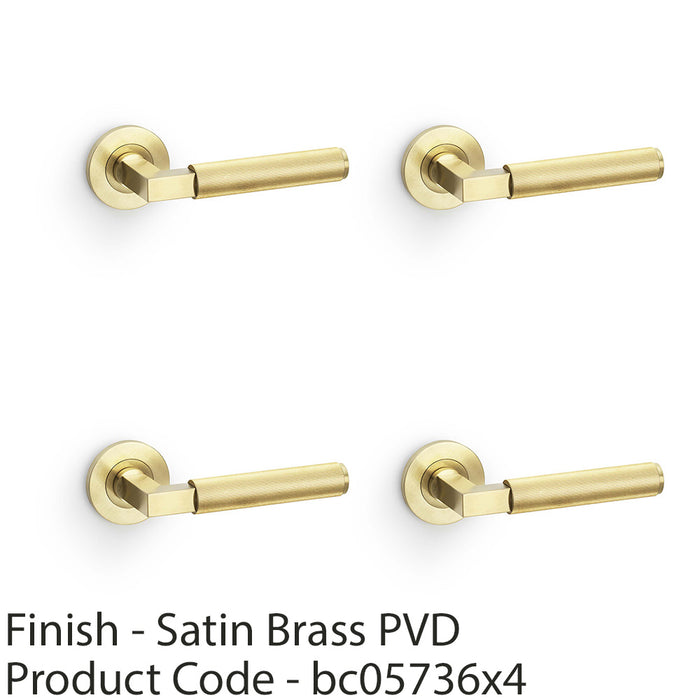 4 PACK SOLID BRASS Reeded Door Handle Set Satin Brass Angled Lever On Round Rose 1