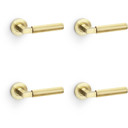 4 PACK SOLID BRASS Reeded Door Handle Set Satin Brass Angled Lever On Round Rose