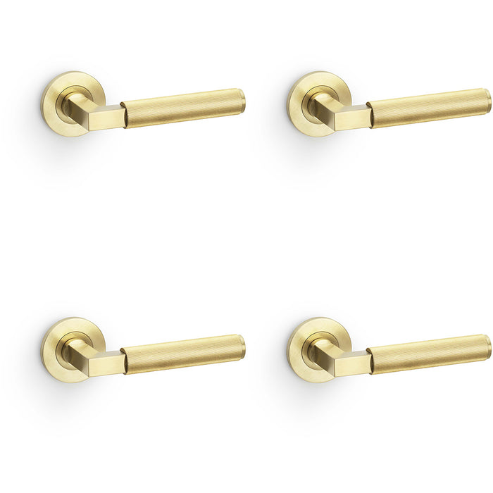 4 PACK SOLID BRASS Reeded Door Handle Set Satin Brass Angled Lever On Round Rose