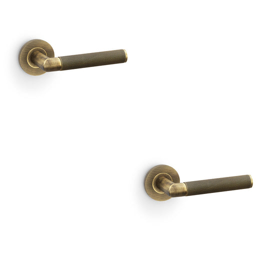 2 PACK SOLID BRASS Knurled Door Handle Set Antique Brass Mitred On Round Rose