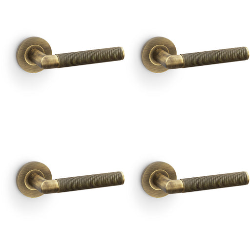 4 PACK SOLID BRASS Knurled Door Handle Set Antique Brass Mitred Lever Round Rose