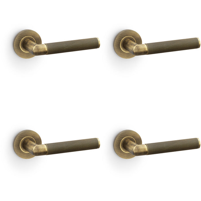 4 PACK SOLID BRASS Knurled Door Handle Set Antique Brass Mitred Lever Round Rose