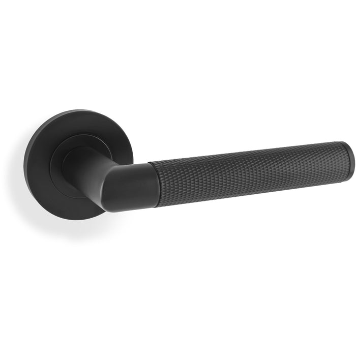 SOLID BRASS Knurled Door Handle Set - Matt Black Mitred Lever On Round Rose