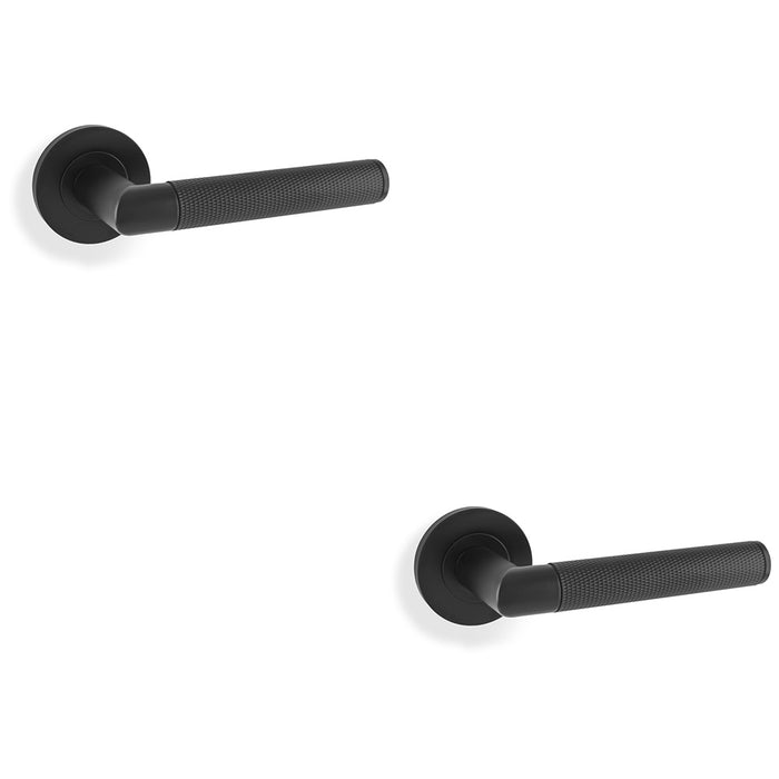 2 PACK SOLID BRASS Knurled Door Handle Set Matt Black Mitred Lever On Round Rose