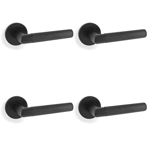 4 PACK SOLID BRASS Knurled Door Handle Set Matt Black Mitred Lever On Round Rose