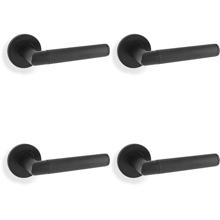 4 PACK SOLID BRASS Knurled Door Handle Set Matt Black Mitred Lever On Round Rose