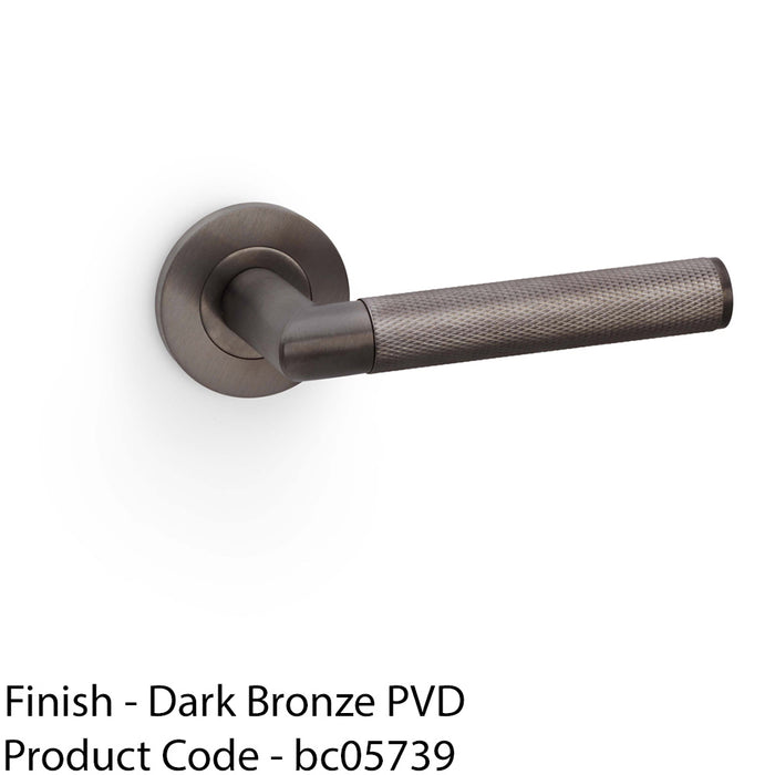 SOLID BRASS Knurled Door Handle Set - Dark Bronze Mitred Lever On Round Rose 1