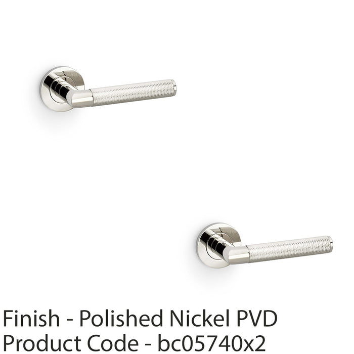 2 PACK SOLID BRASS Knurled Door Handle Set Polished Nickel Mitred On Round Rose 1