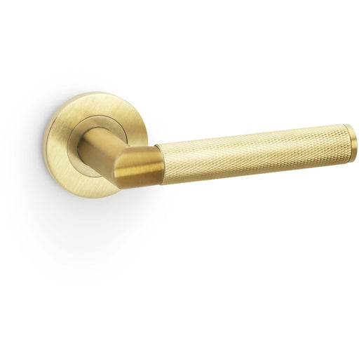 SOLID BRASS Knurled Door Handle Set - Satin Brass Mitred Lever On Round Rose