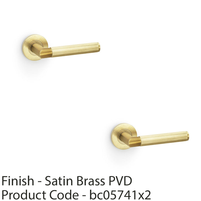 2 PACK SOLID BRASS Knurled Door Handle Set Satin Brass Mitred Lever Round Rose 1