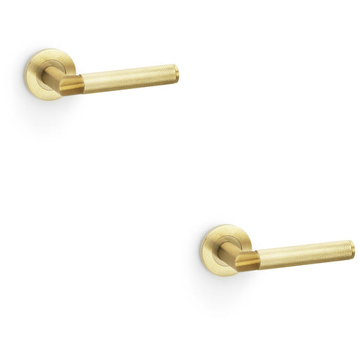 2 PACK SOLID BRASS Knurled Door Handle Set Satin Brass Mitred Lever Round Rose