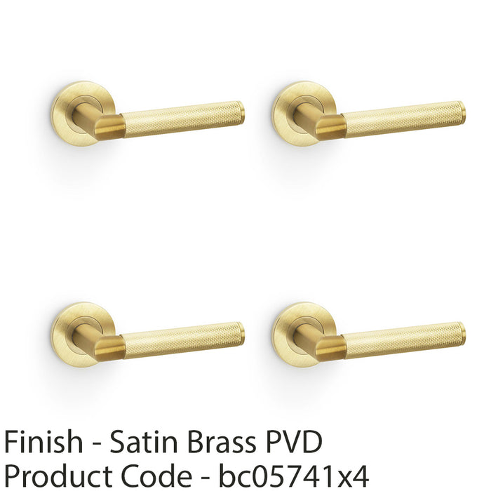 4 PACK SOLID BRASS Knurled Door Handle Set Satin Brass Mitred Lever Round Rose 1