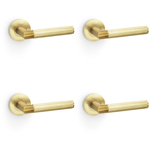 4 PACK SOLID BRASS Knurled Door Handle Set Satin Brass Mitred Lever Round Rose