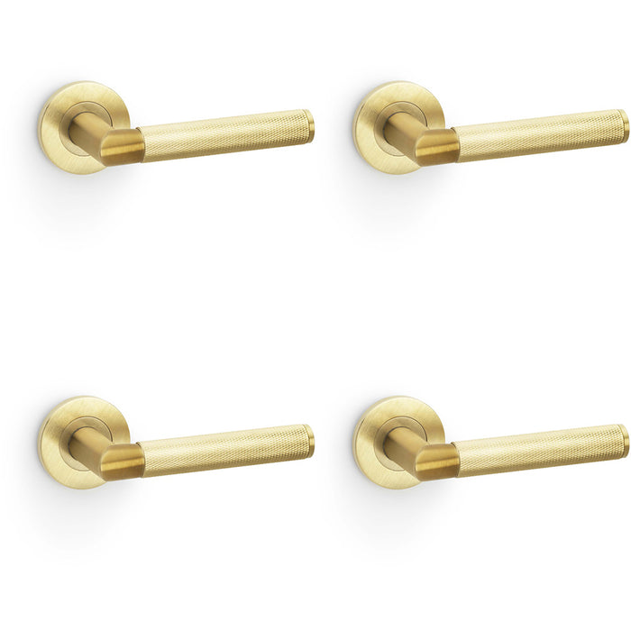 4 PACK SOLID BRASS Knurled Door Handle Set Satin Brass Mitred Lever Round Rose