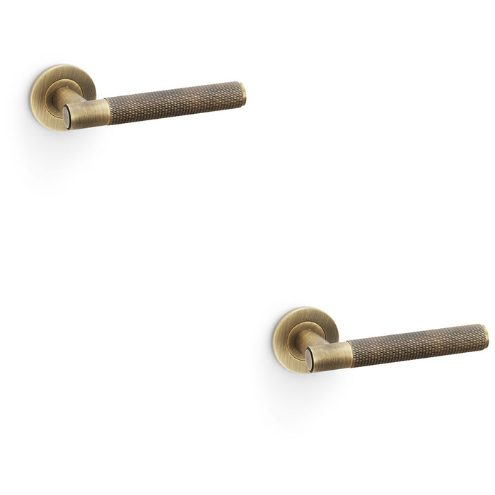 2 PACK SOLID BRASS Knurled Door Handle Set Antique Brass Straight On Round Rose