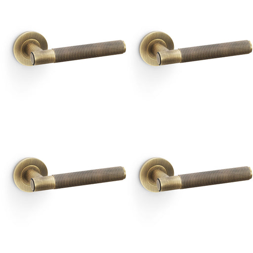 4 PACK SOLID BRASS Knurled Door Handle Set Antique Brass Straight On Round Rose