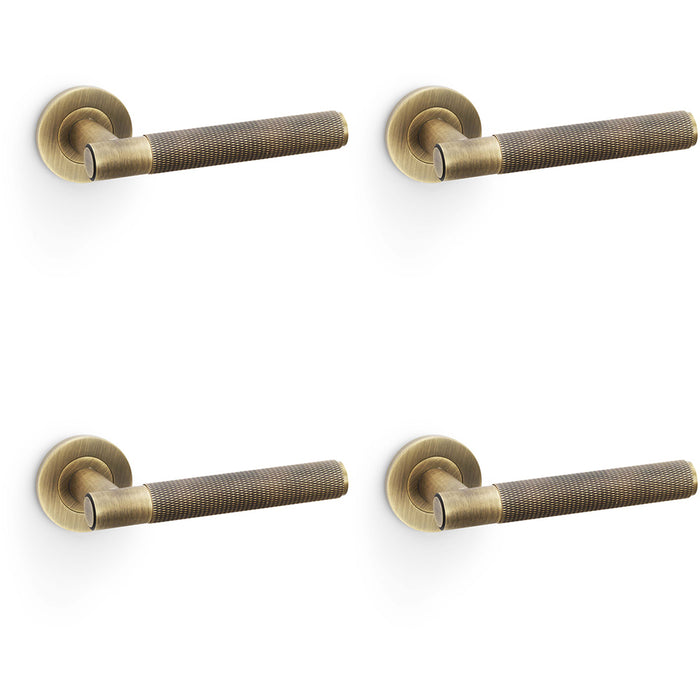 4 PACK SOLID BRASS Knurled Door Handle Set Antique Brass Straight On Round Rose