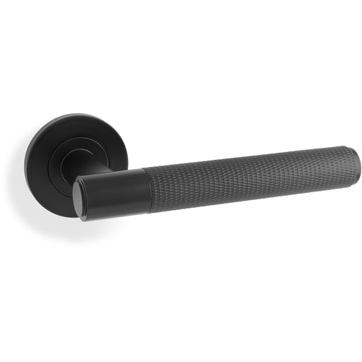 SOLID BRASS Knurled Door Handle Set - Matt Black Straight Lever On Round Rose