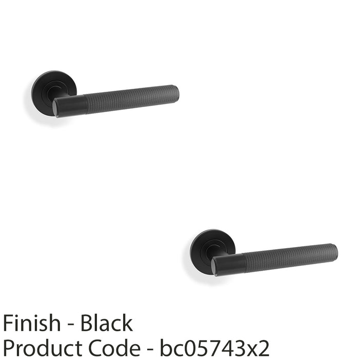 2 PACK SOLID BRASS Knurled Door Handle Set Matt Black Straight Lever Round Rose 1