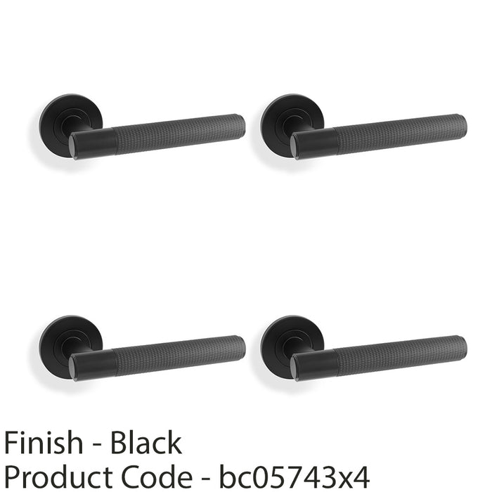 4 PACK SOLID BRASS Knurled Door Handle Set Matt Black Straight Lever Round Rose 1