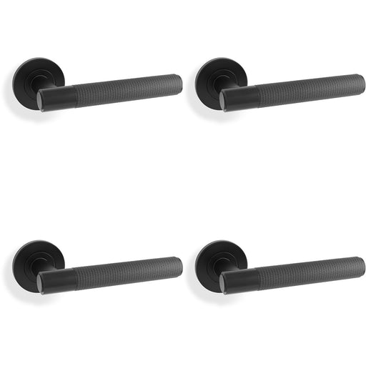 4 PACK SOLID BRASS Knurled Door Handle Set Matt Black Straight Lever Round Rose