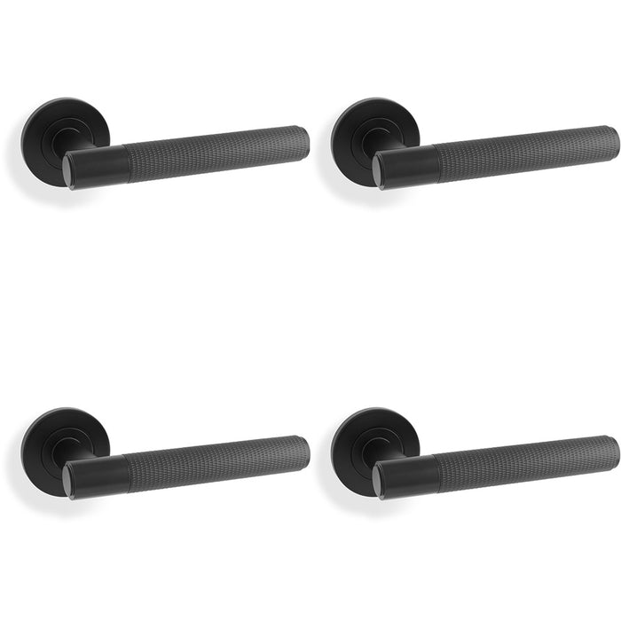 4 PACK SOLID BRASS Knurled Door Handle Set Matt Black Straight Lever Round Rose