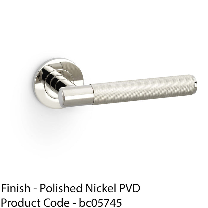 SOLID BRASS Knurled Door Handle Set - Polished Nickel Straight Lever Round Rose 1