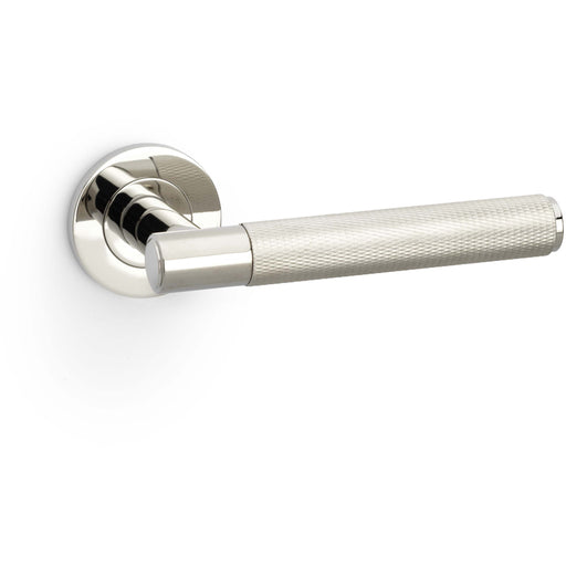 SOLID BRASS Knurled Door Handle Set - Polished Nickel Straight Lever Round Rose