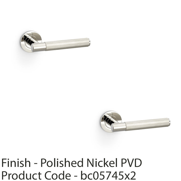 2 PACK SOLID BRASS Knurled Door Handle Set Polished Nickel Straight Round Rose 1