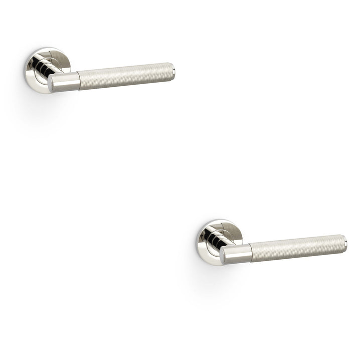 2 PACK SOLID BRASS Knurled Door Handle Set Polished Nickel Straight Round Rose