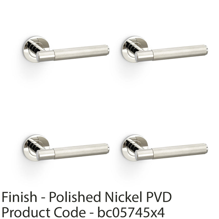 4 PACK SOLID BRASS Knurled Door Handle Set Polished Nickel Straight Round Rose 1