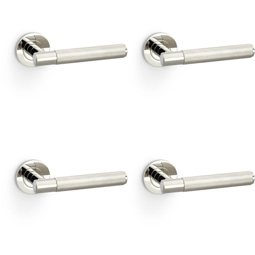 4 PACK SOLID BRASS Knurled Door Handle Set Polished Nickel Straight Round Rose