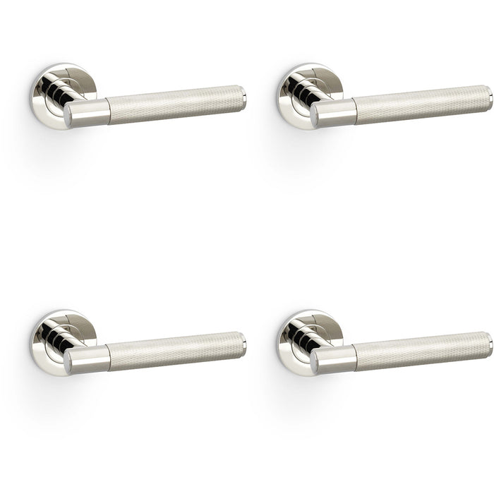 4 PACK SOLID BRASS Knurled Door Handle Set Polished Nickel Straight Round Rose