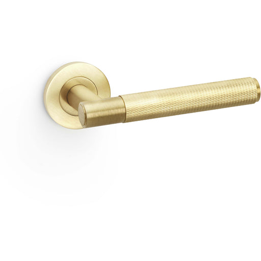 SOLID BRASS Knurled Door Handle Set - Satin Brass Straight Lever On Round Rose