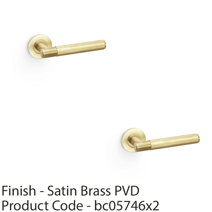 2 PACK SOLID BRASS Knurled Door Handle Set Satin Brass Straight On Round Rose 1