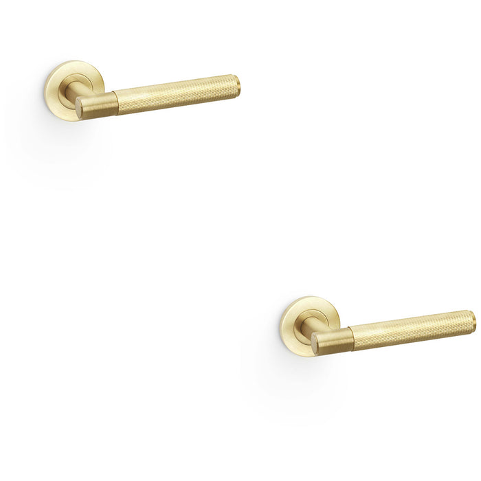 2 PACK SOLID BRASS Knurled Door Handle Set Satin Brass Straight On Round Rose