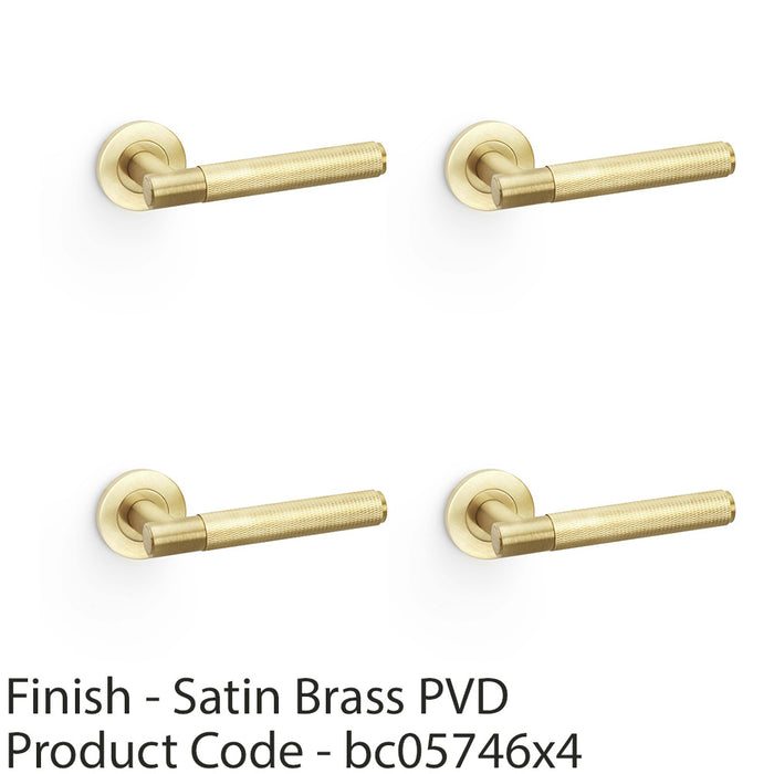 4 PACK SOLID BRASS Knurled Door Handle Set Satin Brass Straight Lever Round Rose 1