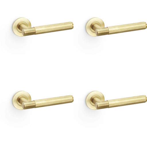 4 PACK SOLID BRASS Knurled Door Handle Set Satin Brass Straight Lever Round Rose