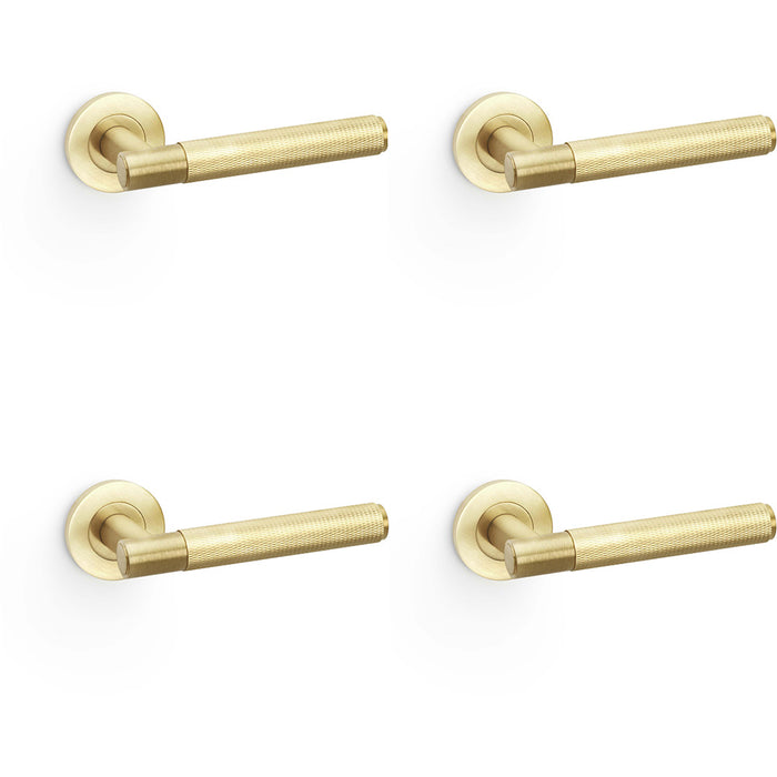 4 PACK SOLID BRASS Knurled Door Handle Set Satin Brass Straight Lever Round Rose