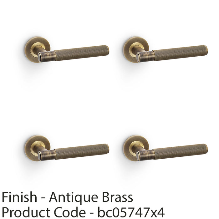 4 PACK SOLID BRASS Reeded Door Handle Set Antique Brass Straight On Round Rose 1