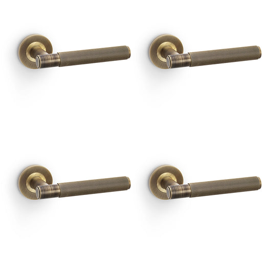 4 PACK SOLID BRASS Reeded Door Handle Set Antique Brass Straight On Round Rose