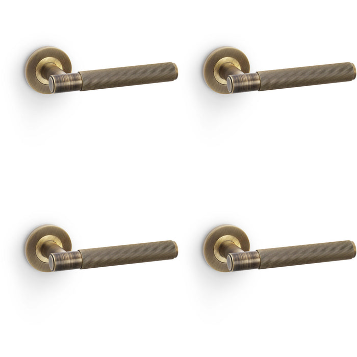 4 PACK SOLID BRASS Reeded Door Handle Set Antique Brass Straight On Round Rose