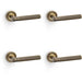 4 PACK SOLID BRASS Reeded Door Handle Set Antique Brass Straight On Round Rose