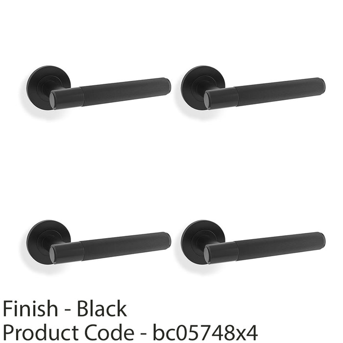 4 PACK SOLID BRASS Reeded Door Handle Set Matt Black Straight Lever Round Rose 1