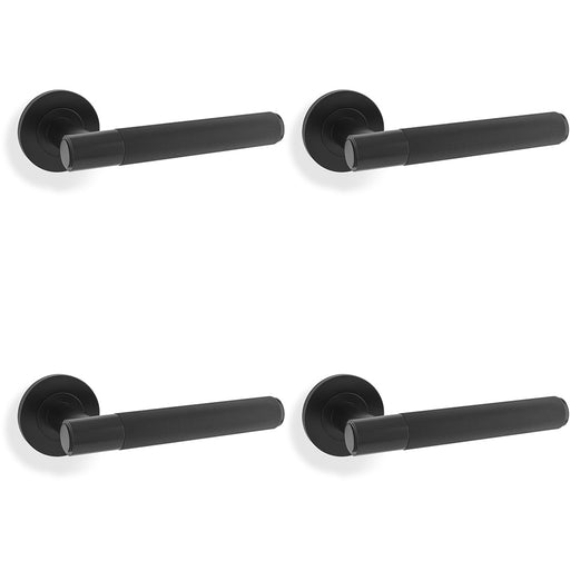 4 PACK SOLID BRASS Reeded Door Handle Set Matt Black Straight Lever Round Rose