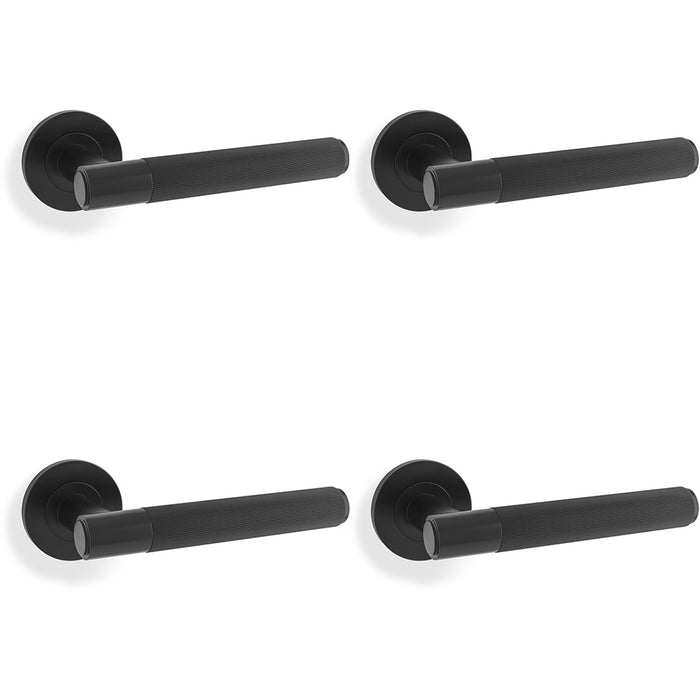 4 PACK SOLID BRASS Reeded Door Handle Set Matt Black Straight Lever Round Rose