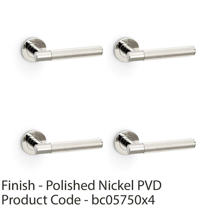 4 PACK SOLID BRASS Reeded Door Handle Set Polished Nickel Straight Round Rose 1