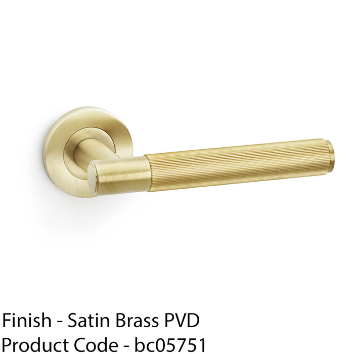 SOLID BRASS Reeded Door Handle Set - Satin Brass Straight Lever On Round Rose 1