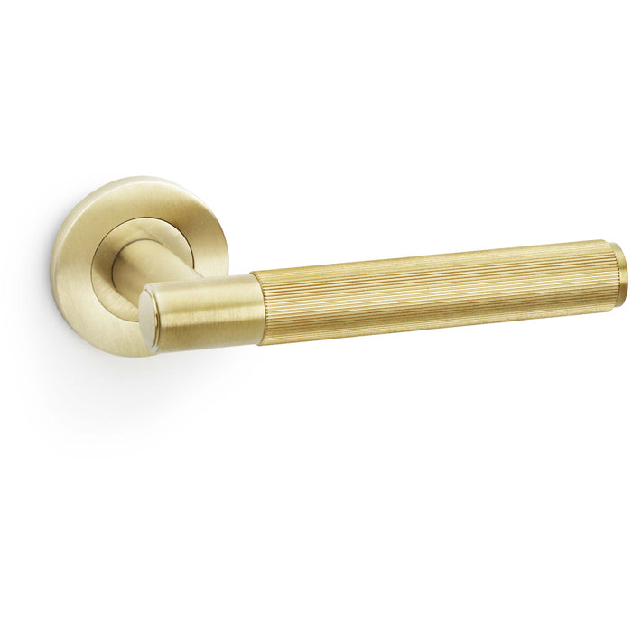 SOLID BRASS Reeded Door Handle Set - Satin Brass Straight Lever On Round Rose