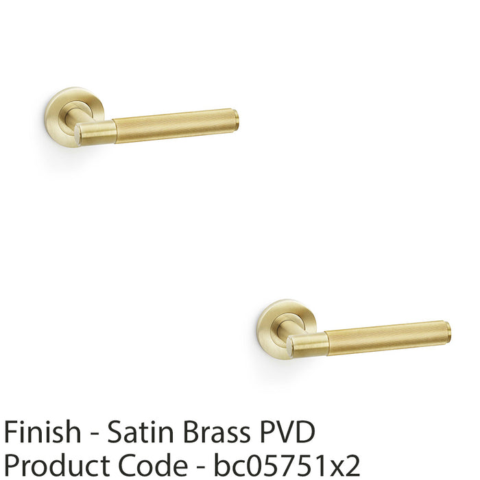 2 PACK SOLID BRASS Reeded Door Handle Set Satin Brass Straight Lever Round Rose 1